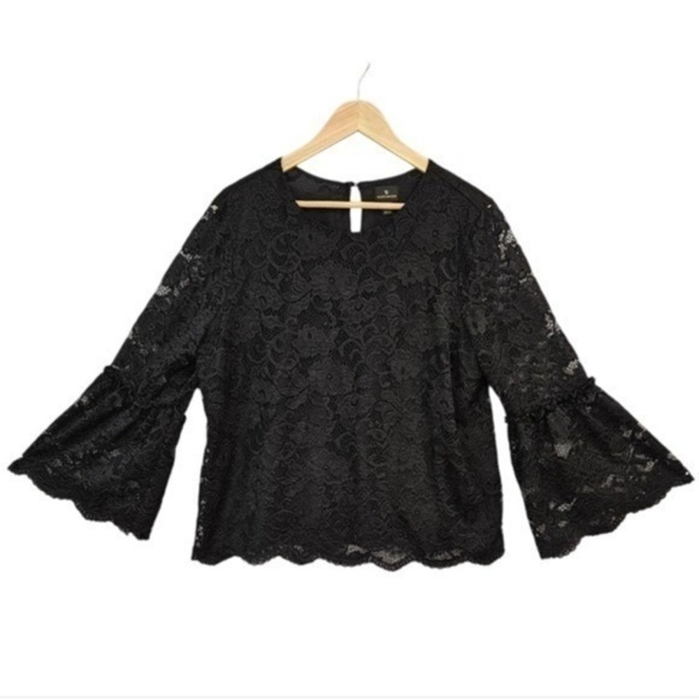 Worthington XL Black Lace Bell Sleeve Blouse Sheer Whimsigoth Romantic